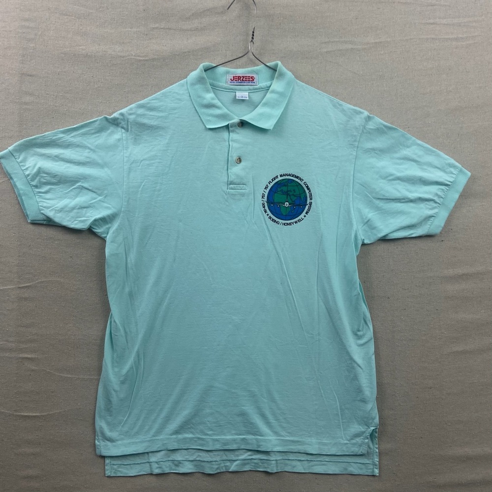 Jerzees Polo Shirt Mens‎ Large Mint Green Boeing Honeywell Aviation Vintage USA